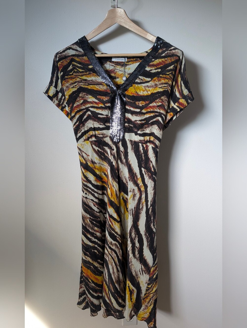 Windsmoor Pure Silk Animal Printed Tie-Waist V-neck Women’s Dress Sequin -XL-